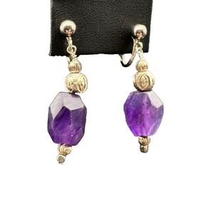 Sterling‎ Silver 925 Amethyst Chunky Faceted Bead Drop Dangle Clip Earrings